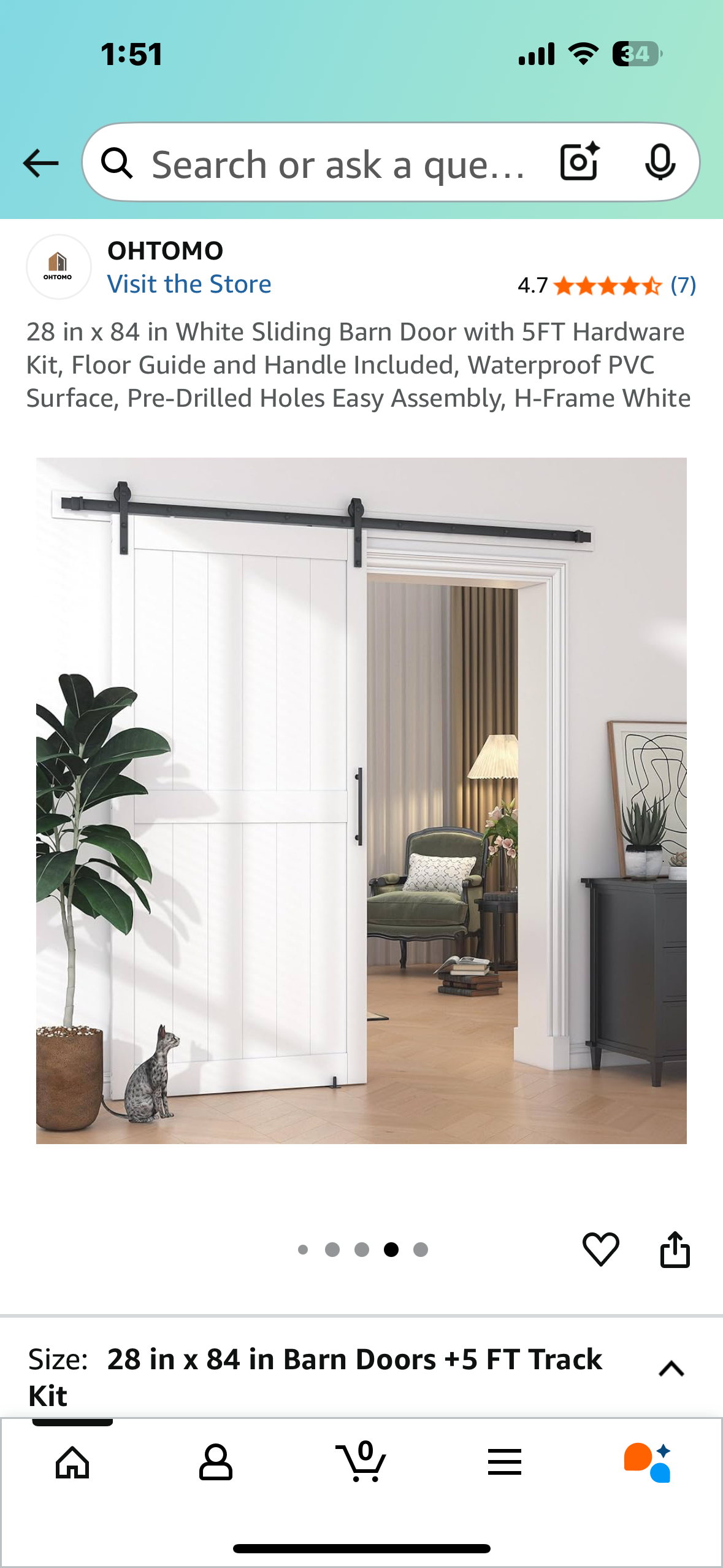 28 in x 84 in White Sliding Barn Door with 5FT Hardware Kit, Floor Guide and Handle Included, Waterproof PVC Surface, Pre-Drilled Holes Easy Assembly, H-Frame White (L1020)