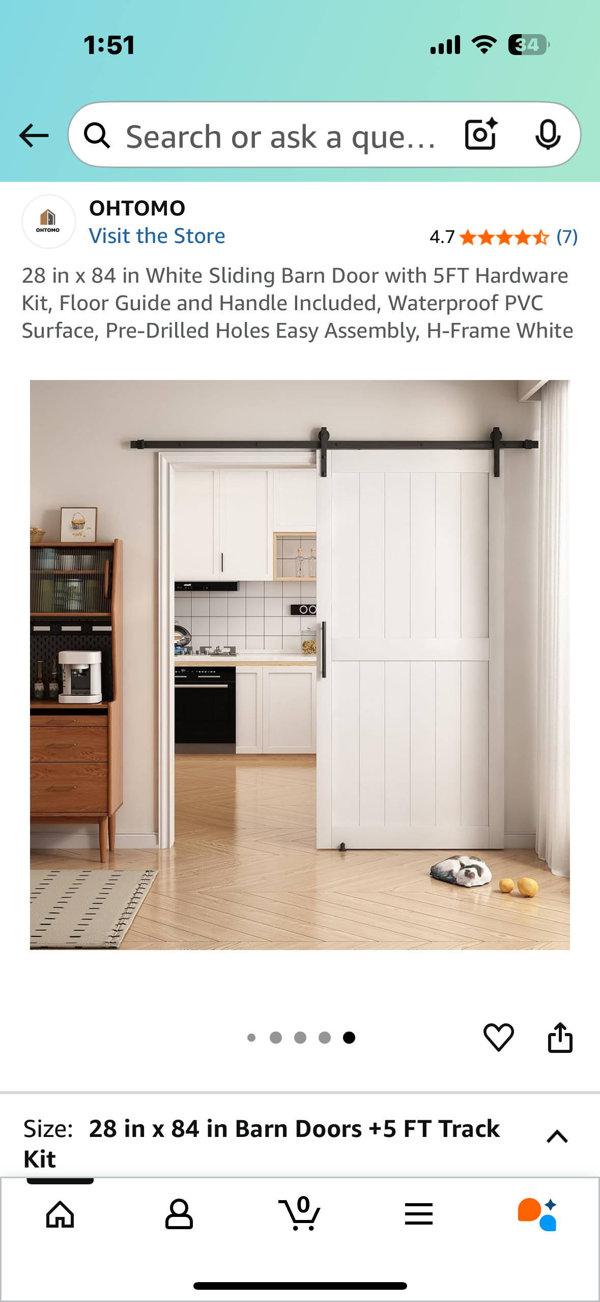 28 in x 84 in White Sliding Barn Door with 5FT Hardware Kit, Floor Guide and Handle Included, Waterproof PVC Surface, Pre-Drilled Holes Easy Assembly, H-Frame White (L1020)