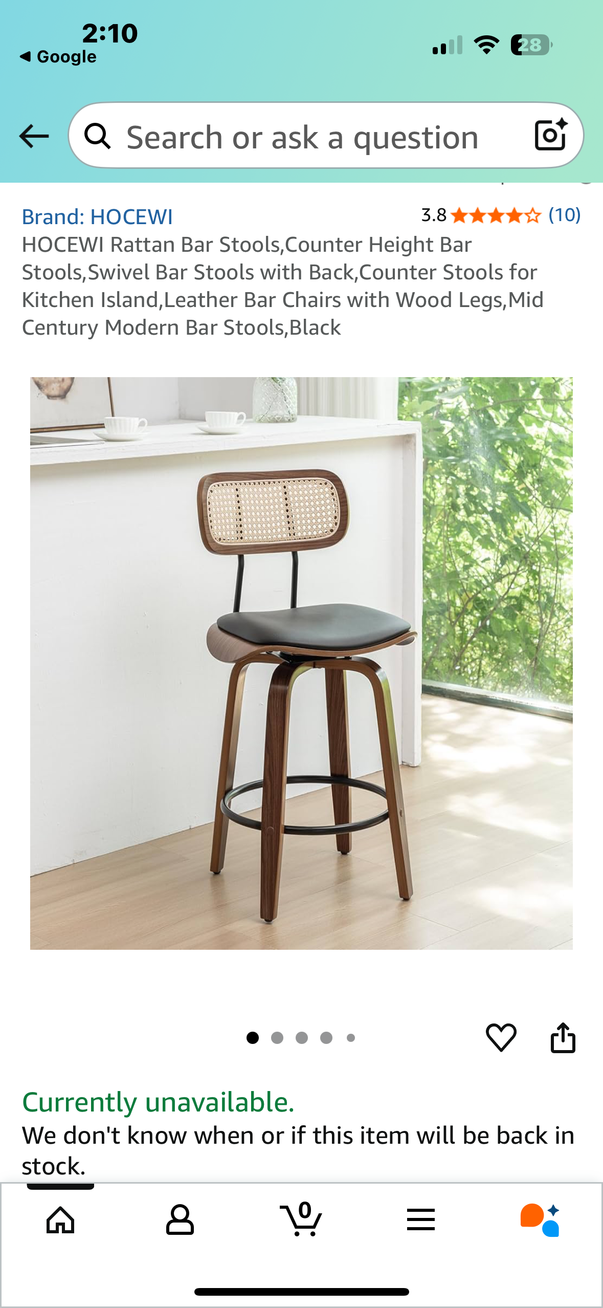 HOCEWI Rattan Bar Stool, Counter Height Swivel Bar Stool with Back, Counter Stool for Kitchen Island, Mid Century Modern Bar Stool, Black (L1021)