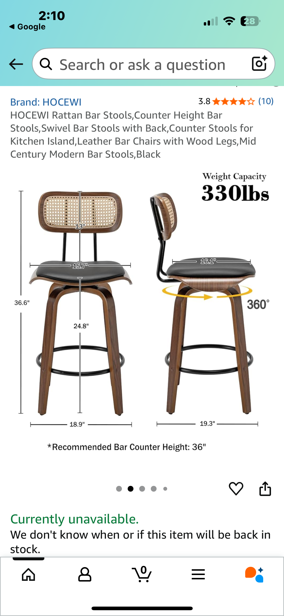 HOCEWI Rattan Bar Stool, Counter Height Swivel Bar Stool with Back, Counter Stool for Kitchen Island, Mid Century Modern Bar Stool, Black (L1021)