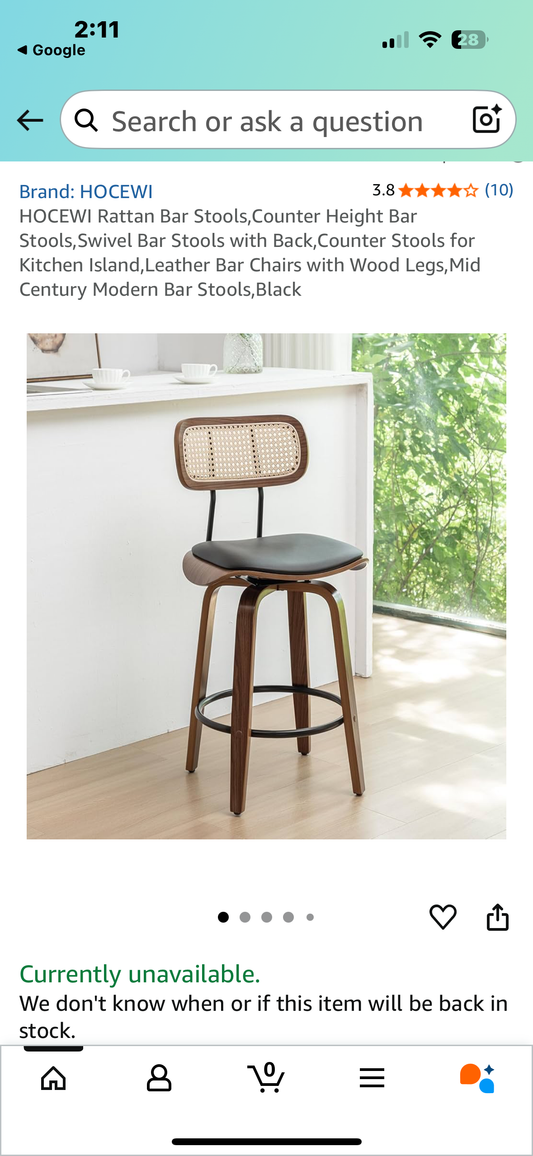HOCEWI Rattan Bar Stool, Counter Height Swivel Bar Stool with Back, Counter Stool for Kitchen Island, Mid Century Modern Bar Stool, Black (L1021)