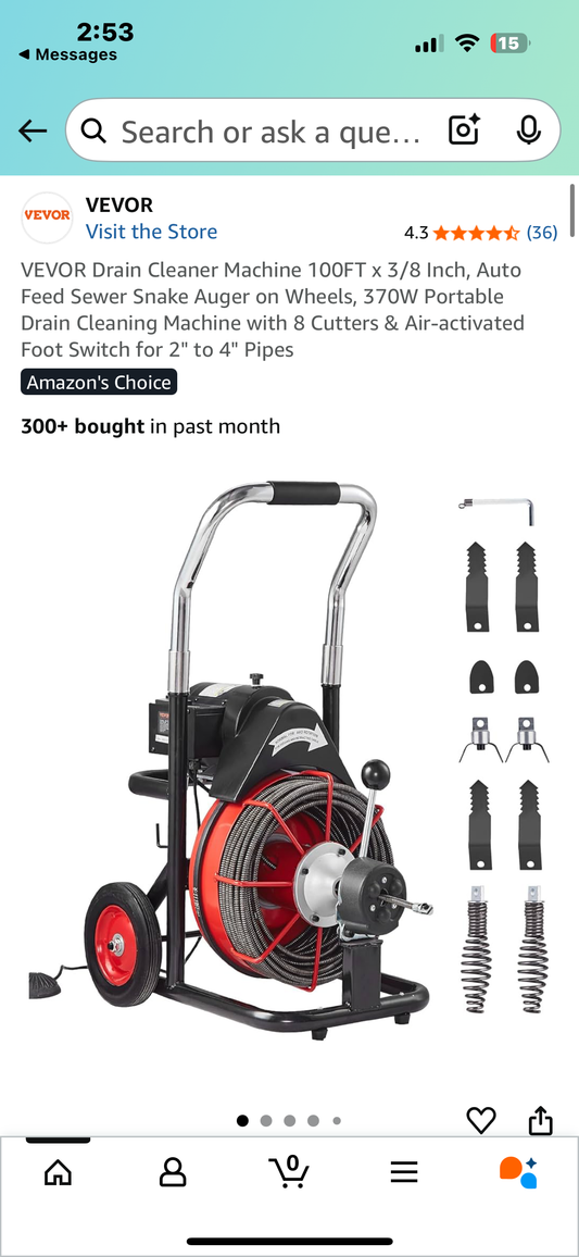 VEVOR Drain Cleaner Machine 100FT x 3/8 Inch, Auto Feed Sewer Snake Auger on Wheels, 370W Portable Drain Cleaning Machine with 8 Cutters & Air-activated Foot Switch for 2" to 4" Pipes (G867)