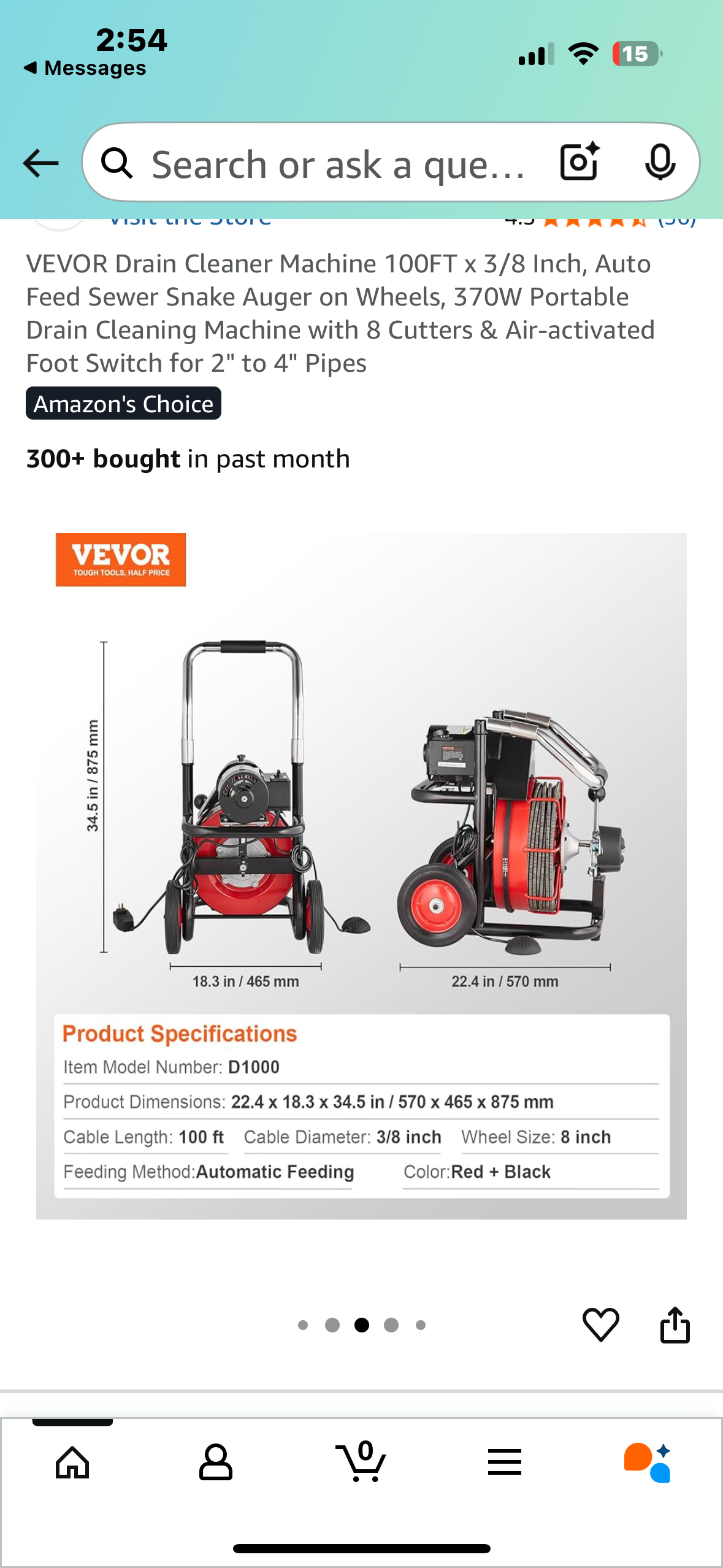 VEVOR Drain Cleaner Machine 100FT x 3/8 Inch, Auto Feed Sewer Snake Auger on Wheels, 370W Portable Drain Cleaning Machine with 8 Cutters & Air-activated Foot Switch for 2" to 4" Pipes (G867)