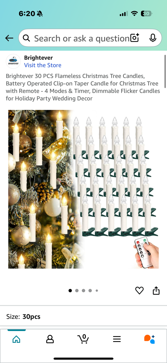 Brightever 30 PCS Flameless Christmas Tree Candles, Battery Operated Clip-on Taper Candle for Christmas Tree with Remote - 4 Modes & Timer, Dimmable Flicker Candles for Holiday Party Wedding Decor
