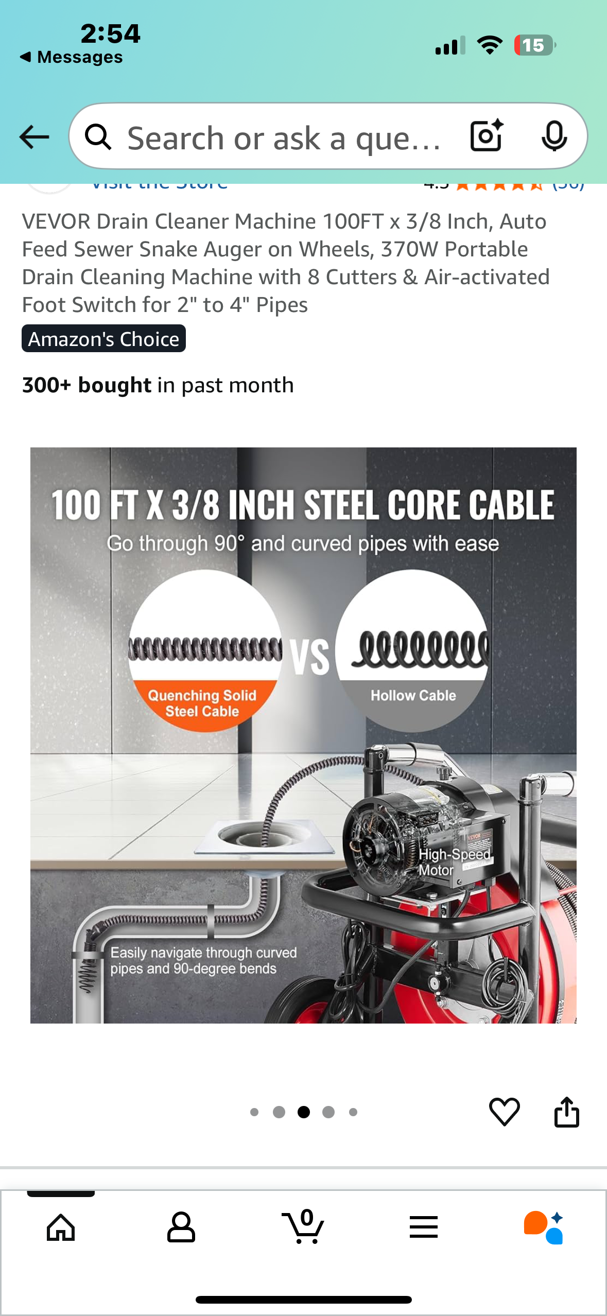 VEVOR Drain Cleaner Machine 100FT x 3/8 Inch, Auto Feed Sewer Snake Auger on Wheels, 370W Portable Drain Cleaning Machine with 8 Cutters & Air-activated Foot Switch for 2" to 4" Pipes (G867)