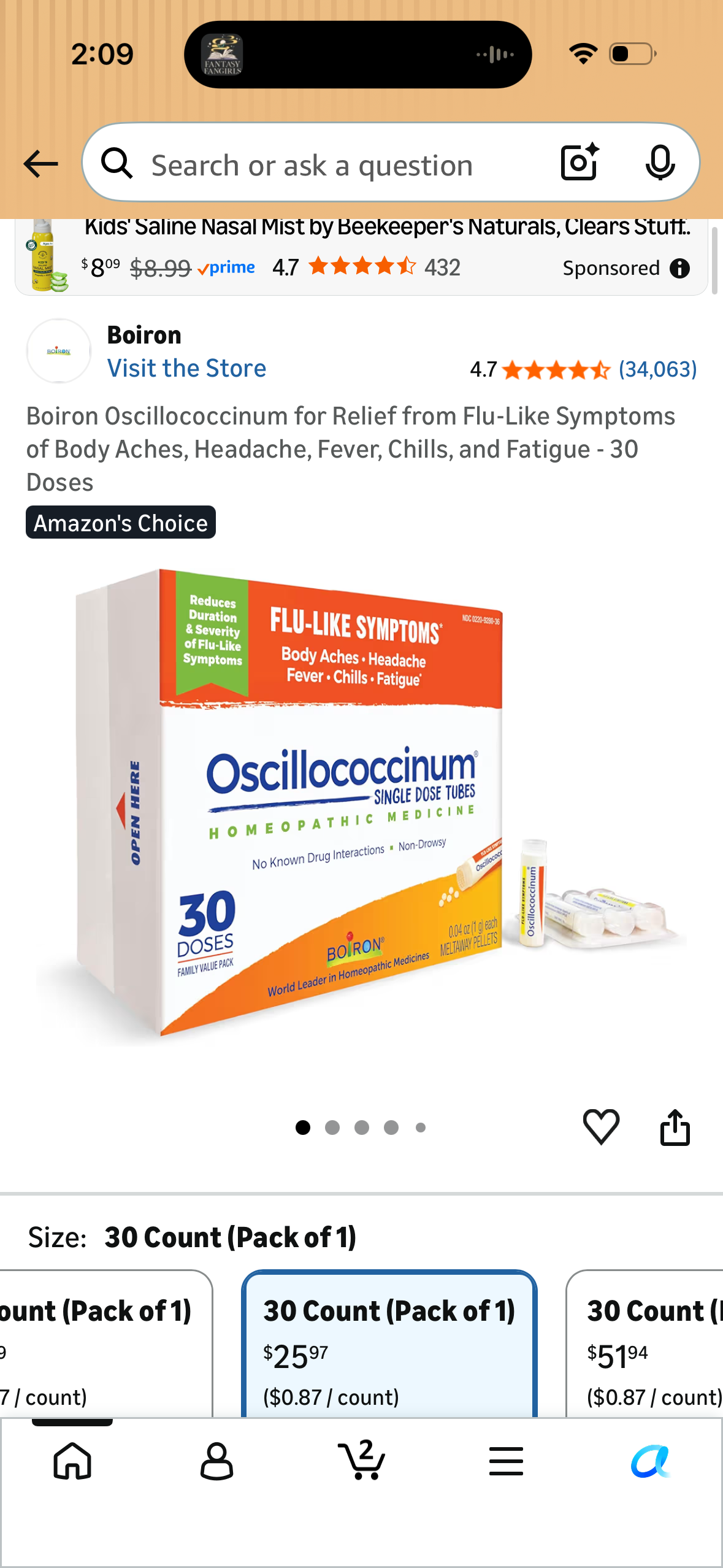 Boiron Oscillococcinum for Relief from Flu-Like Symptoms of Body Aches, Headache, Fever, Chills, and Fatigue - 30 Doses