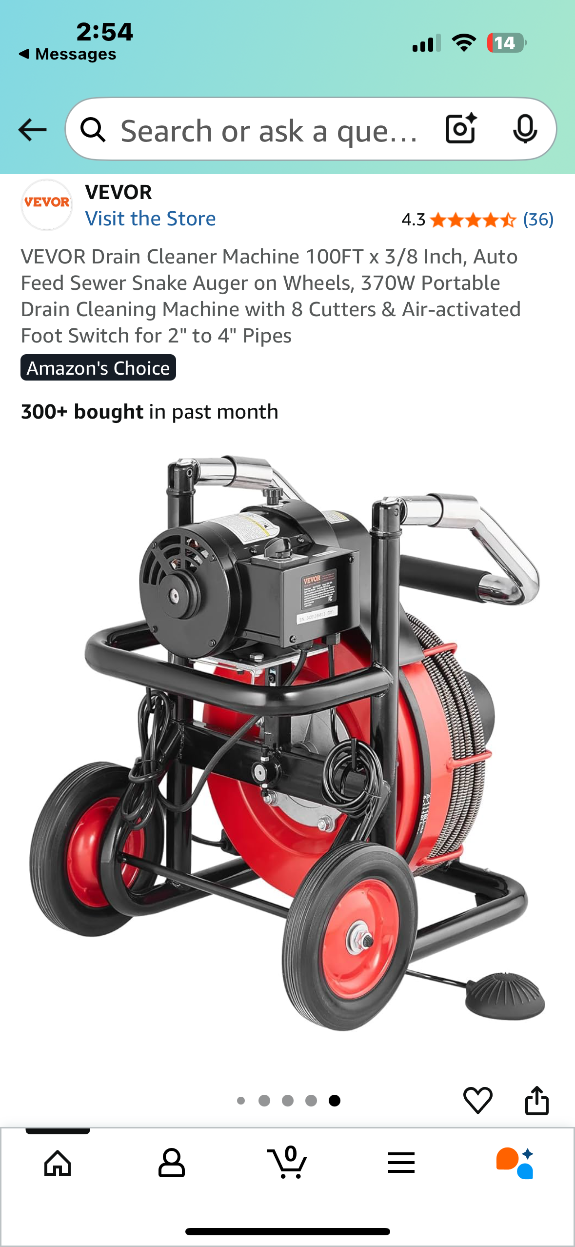 VEVOR Drain Cleaner Machine 100FT x 3/8 Inch, Auto Feed Sewer Snake Auger on Wheels, 370W Portable Drain Cleaning Machine with 8 Cutters & Air-activated Foot Switch for 2" to 4" Pipes (G867)