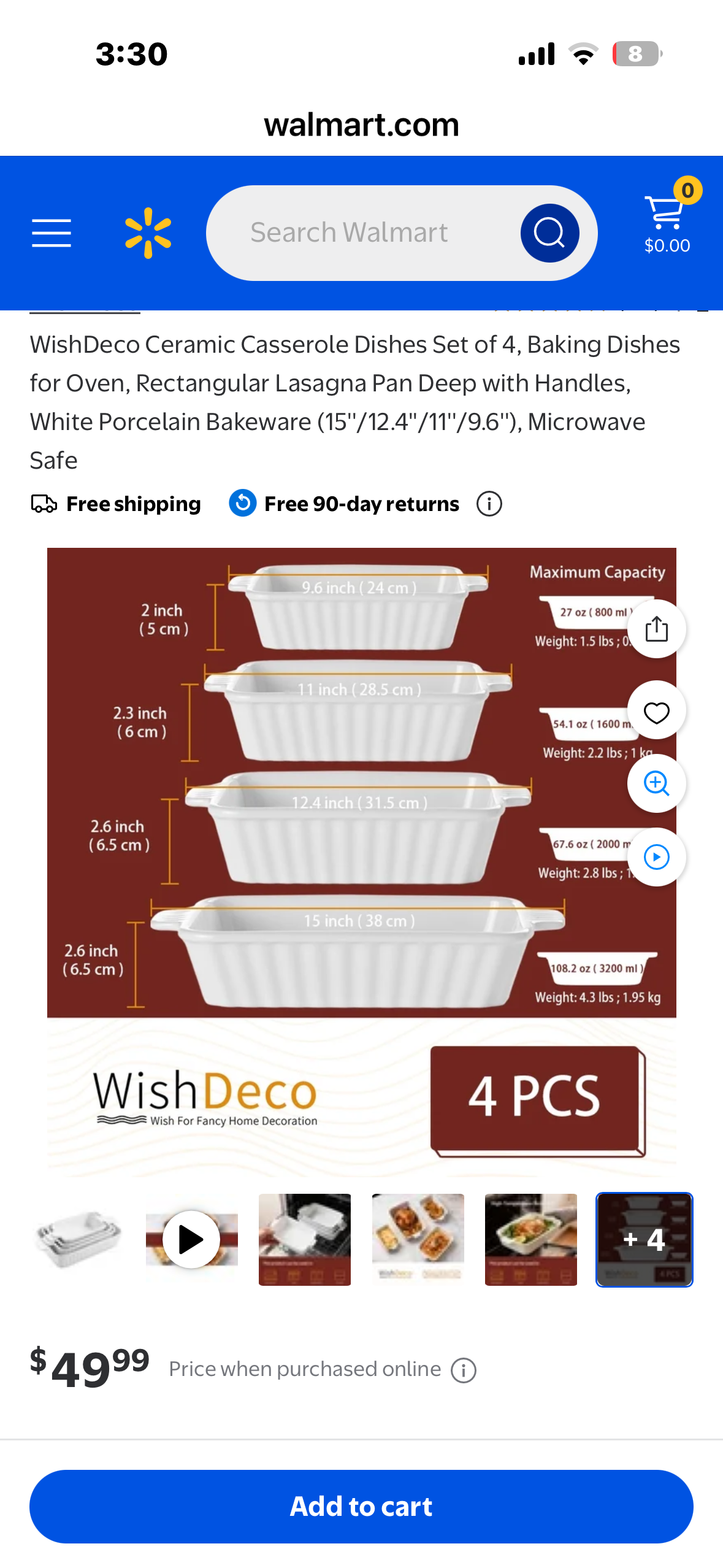 Ceramic Casserole Dishes, Set of 4, Baking Dishes for Oven, Rectangular Lasagna Pan Deep with Handles, White Porcelain Bakeware (15''/12.4''/11''/9.6''), Microwave Safe