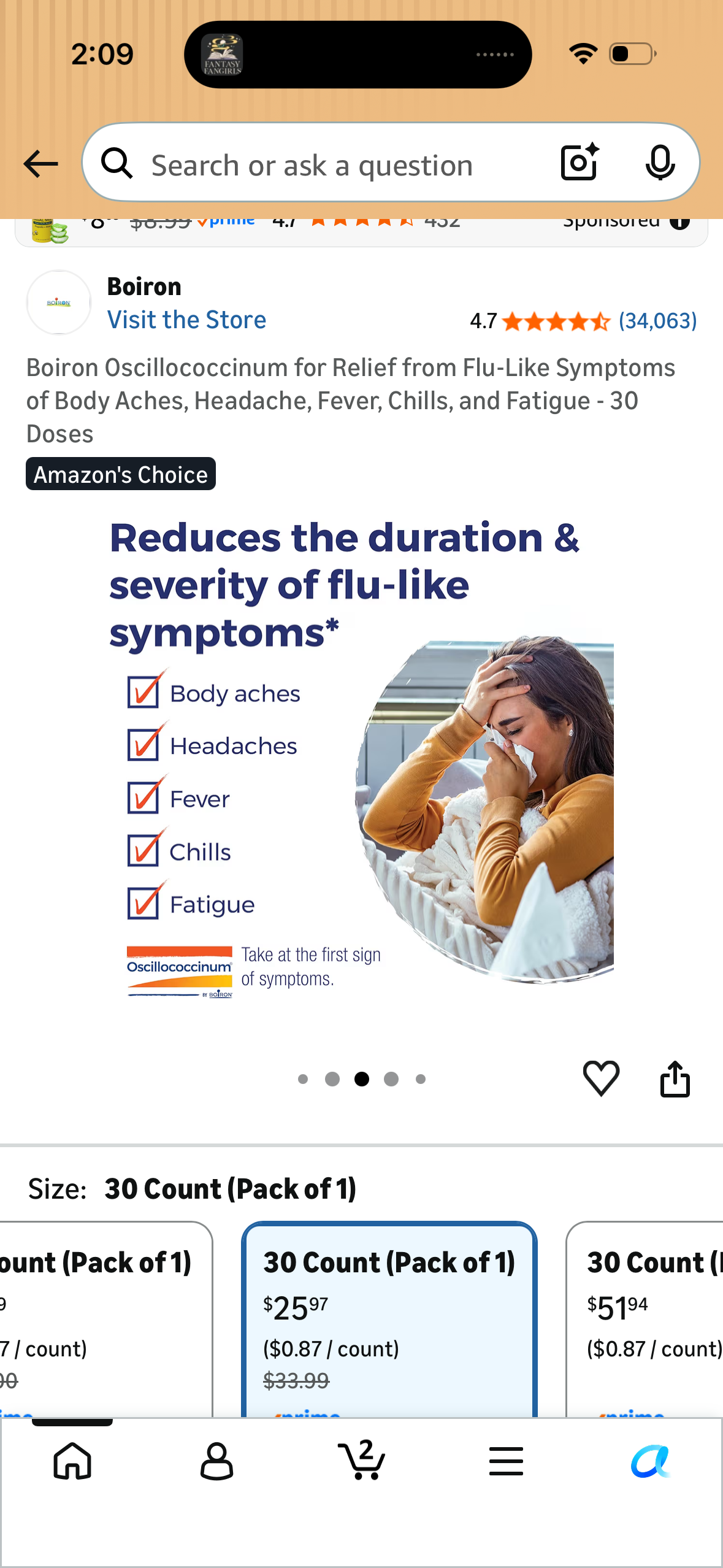 Boiron Oscillococcinum for Relief from Flu-Like Symptoms of Body Aches, Headache, Fever, Chills, and Fatigue - 30 Doses