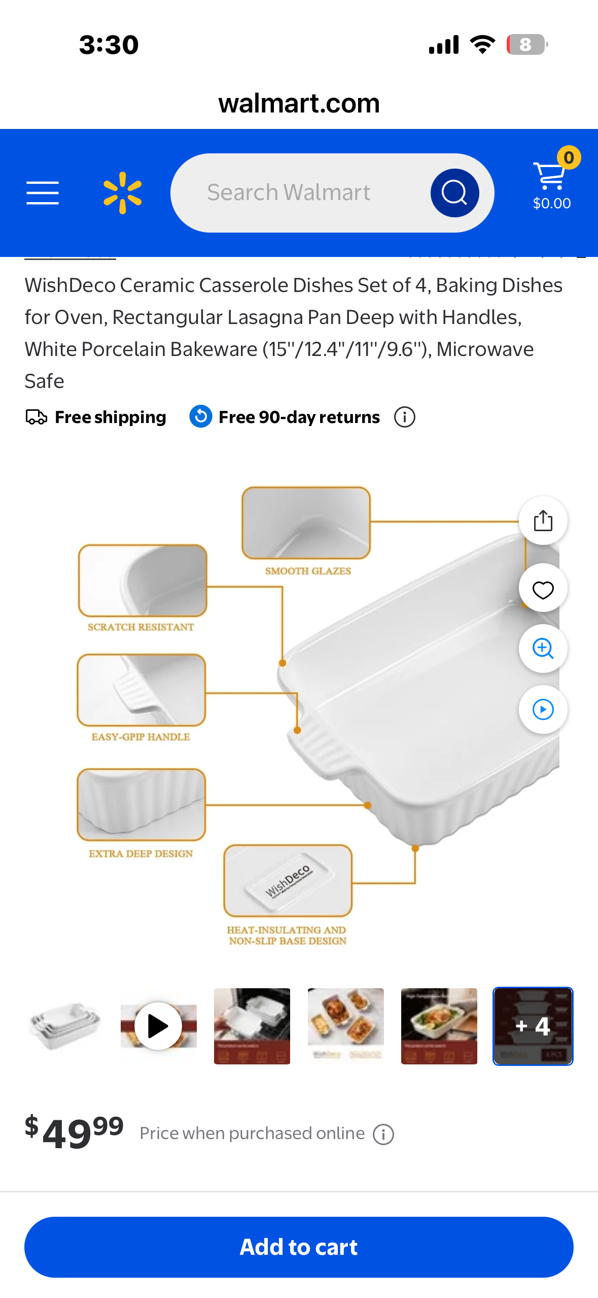 Ceramic Casserole Dishes, Set of 4, Baking Dishes for Oven, Rectangular Lasagna Pan Deep with Handles, White Porcelain Bakeware (15''/12.4''/11''/9.6''), Microwave Safe