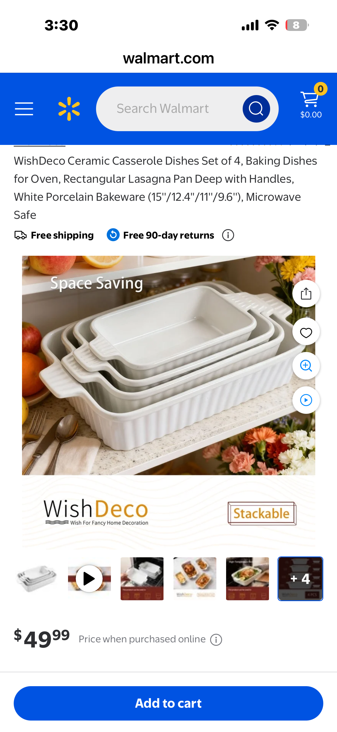 Ceramic Casserole Dishes, Set of 4, Baking Dishes for Oven, Rectangular Lasagna Pan Deep with Handles, White Porcelain Bakeware (15''/12.4''/11''/9.6''), Microwave Safe