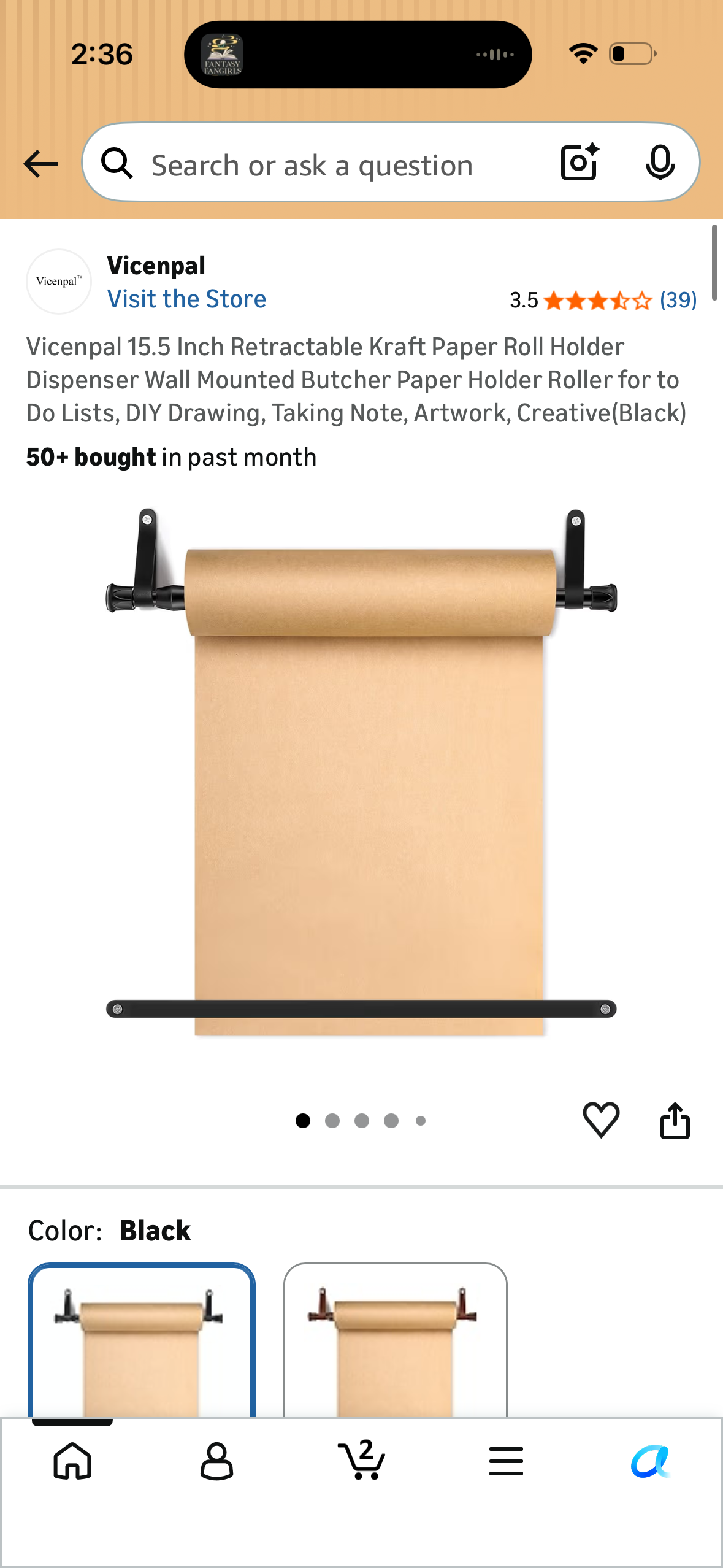 Vicenpal 15.5 Inch Retractable Kraft Paper Roll Holder Dispenser Wall Mounted Butcher Paper Holder Roller for to Do Lists, DIY Drawing, Taking Note, Artwork, Creative(Black)