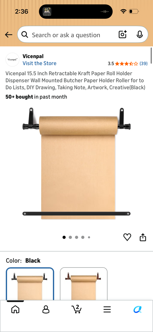 Vicenpal 15.5 Inch Retractable Kraft Paper Roll Holder Dispenser Wall Mounted Butcher Paper Holder Roller for to Do Lists, DIY Drawing, Taking Note, Artwork, Creative(Black)