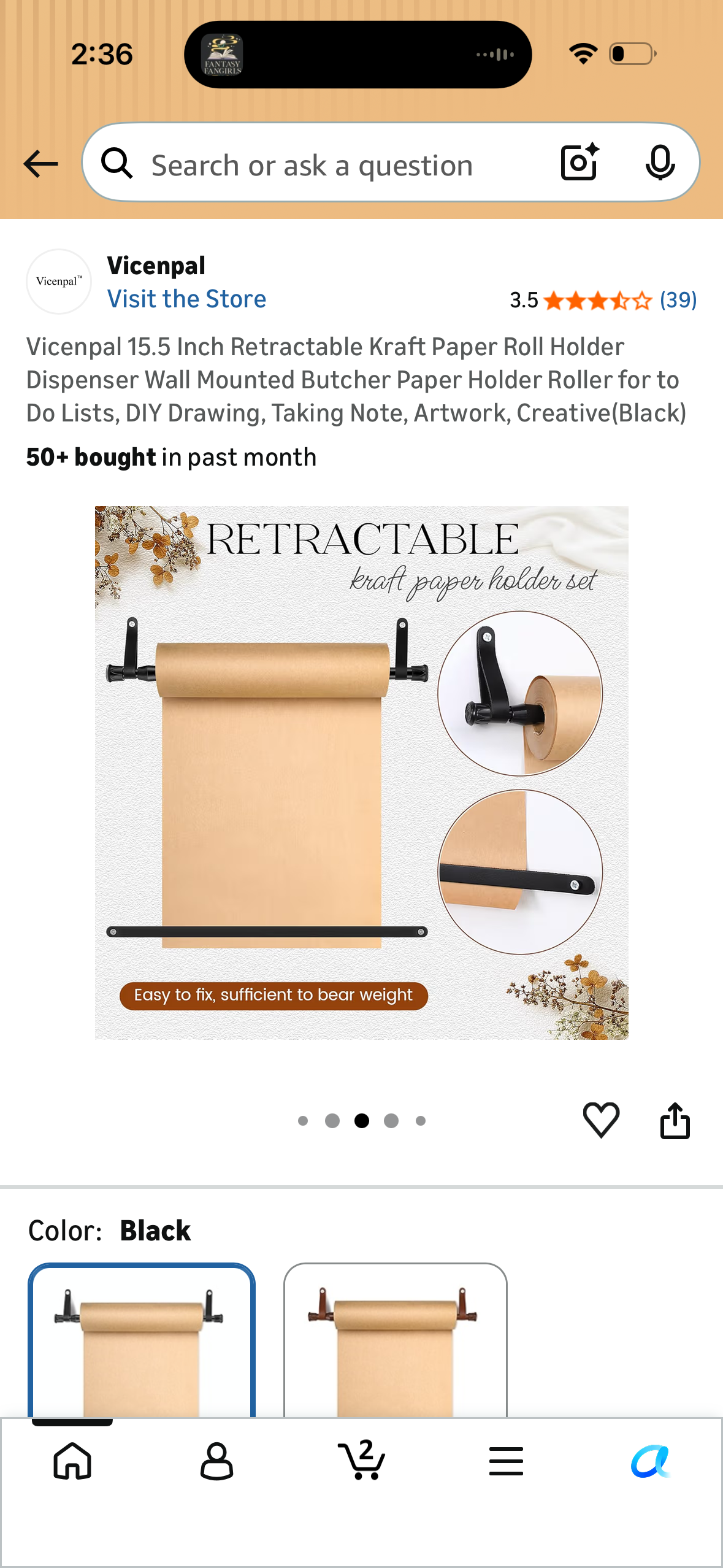 Vicenpal 15.5 Inch Retractable Kraft Paper Roll Holder Dispenser Wall Mounted Butcher Paper Holder Roller for to Do Lists, DIY Drawing, Taking Note, Artwork, Creative(Black)