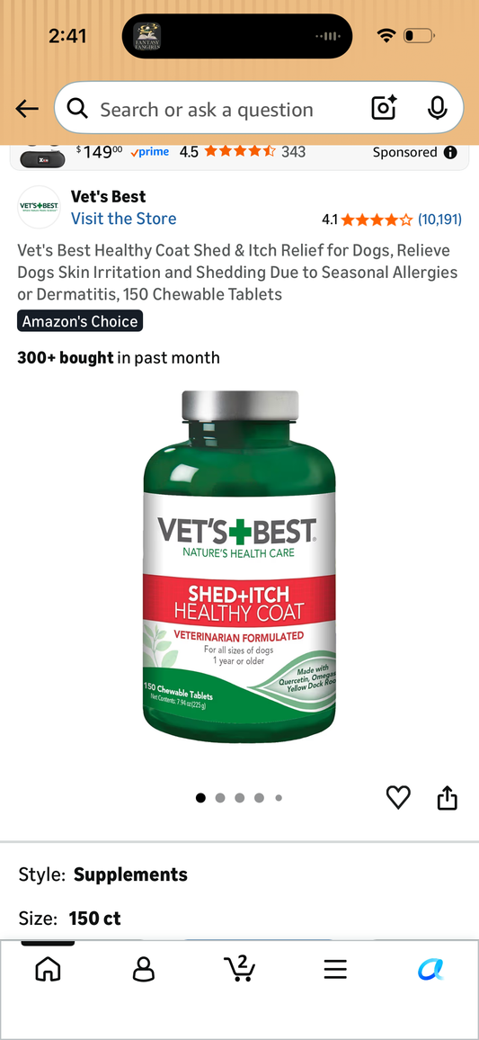 Vet's Best Healthy Coat Shed & Itch Relief for Dogs, Relieve Dogs Skin Irritation and Shedding Due to Seasonal Allergies or Dermatitis, 150 Chewable Tablets