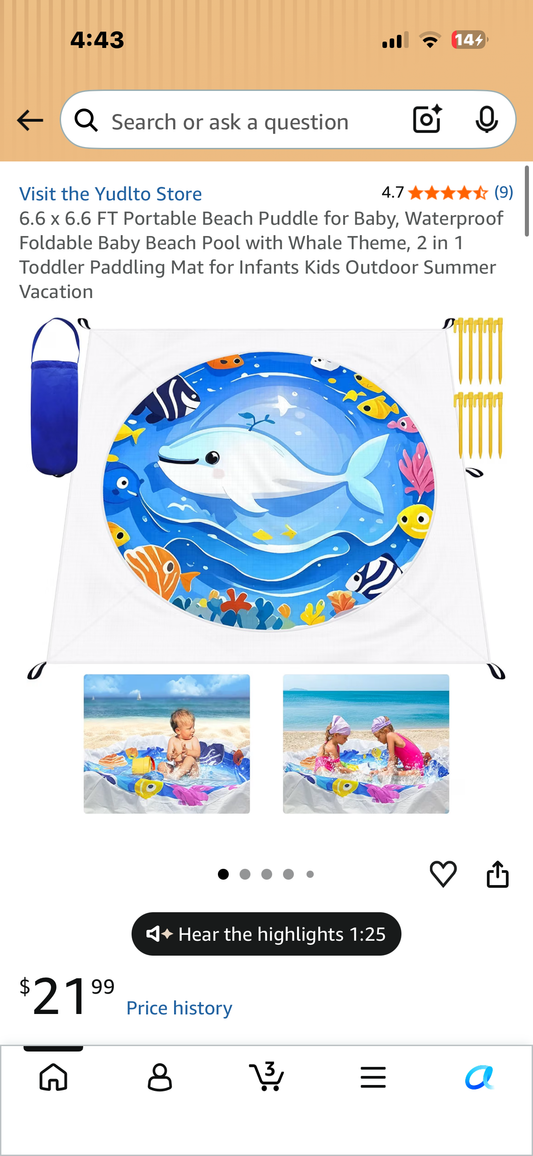 6.6 x 6.6 FT Portable Beach Puddle for Baby, Waterproof Foldable Baby Beach Pool with Whale Theme, 2 in 1 Toddler Paddling Mat for Infants Kids Outdoor Summer Vacation