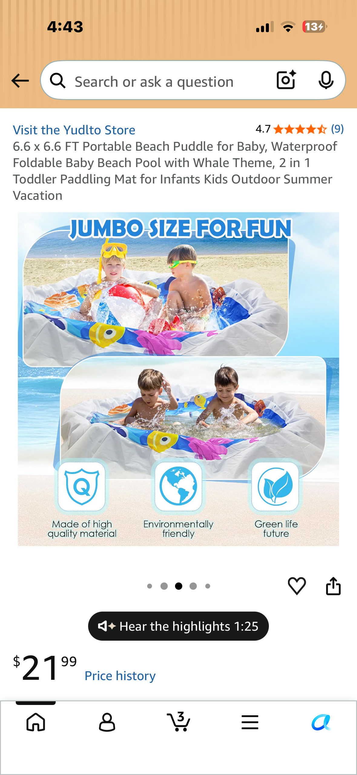 6.6 x 6.6 FT Portable Beach Puddle for Baby, Waterproof Foldable Baby Beach Pool with Whale Theme, 2 in 1 Toddler Paddling Mat for Infants Kids Outdoor Summer Vacation