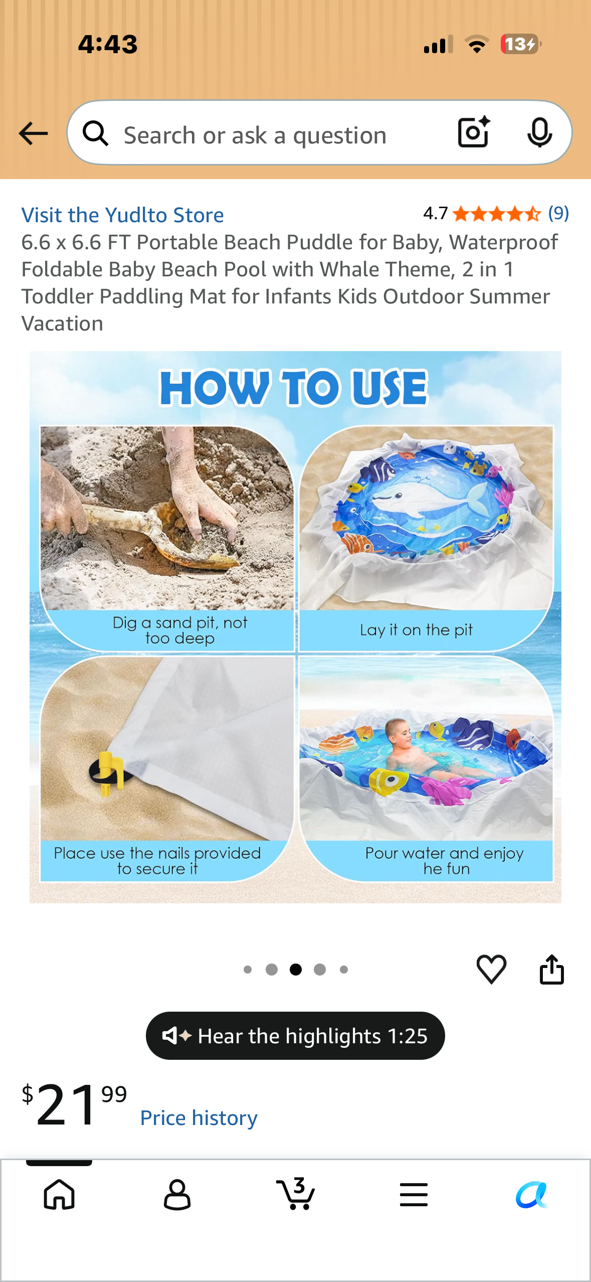 6.6 x 6.6 FT Portable Beach Puddle for Baby, Waterproof Foldable Baby Beach Pool with Whale Theme, 2 in 1 Toddler Paddling Mat for Infants Kids Outdoor Summer Vacation