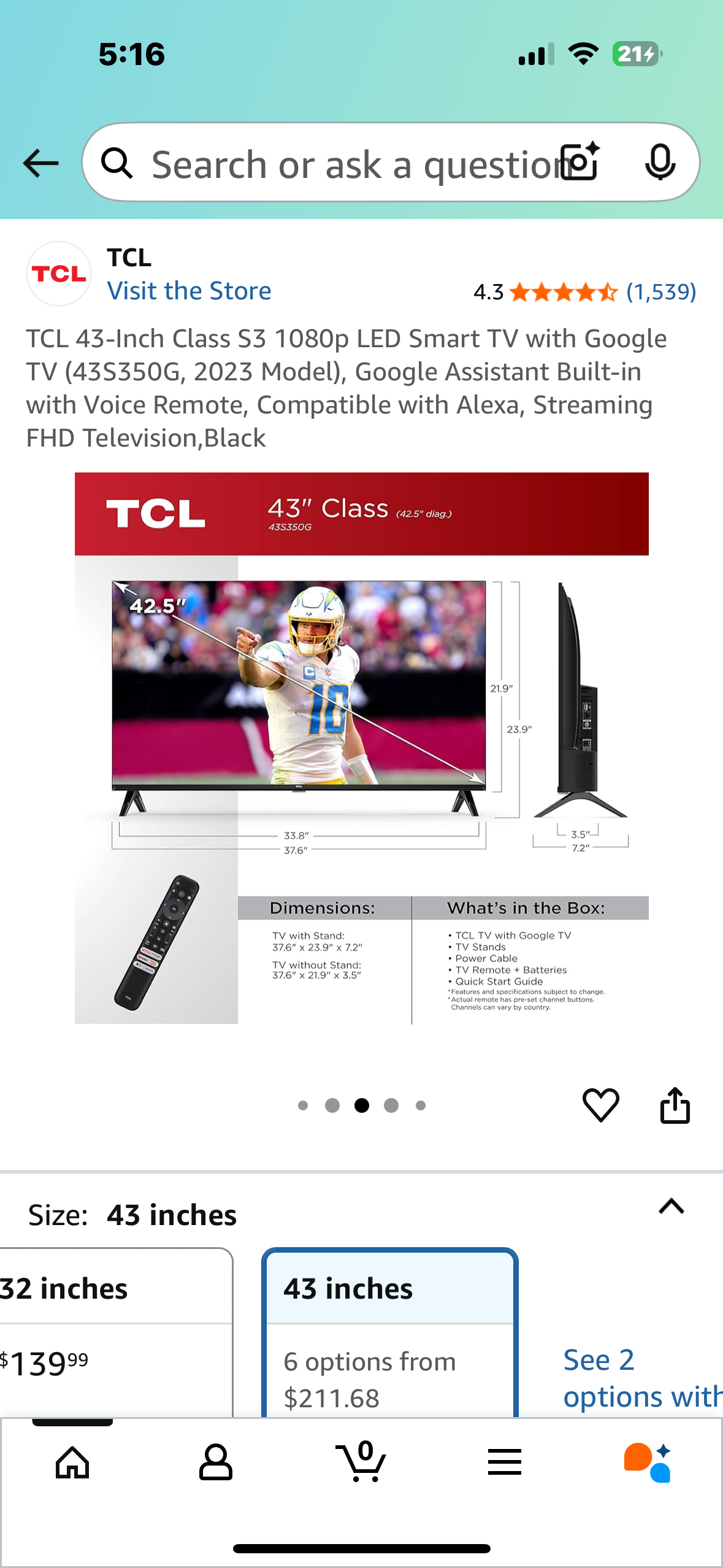 TCL 43-Inch Class S3 1080p LED Smart TV with Google TV (43S350G, 2023 Model), Google Assistant Built-in with Voice Remote, Compatible with Alexa, Streaming FHD Television,Black (R681)