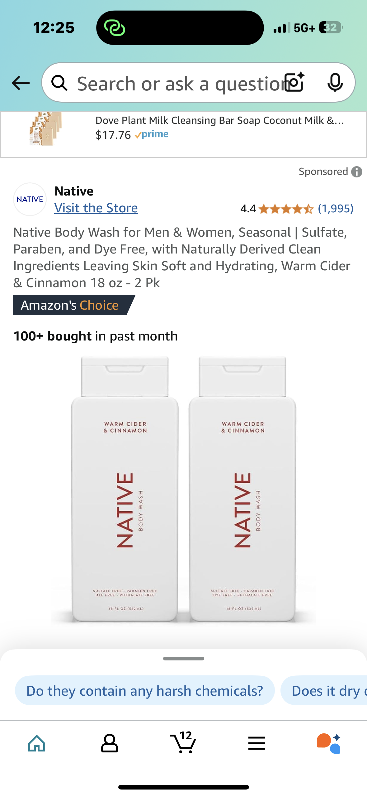Native Body Wash for Men & Women, Seasonal | Sulfate, Paraben, and Dye Free, with Naturally Derived Clean Ingredients Leaving Skin Soft and Hydrating, Warm Cider & Cinnamon 18 oz - 2 Pk