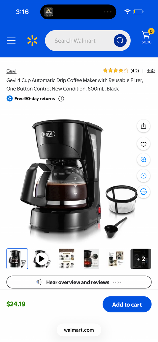 Gevi 4 Cup Automatic Drip Coffee Maker with Reusable Filter, One Button Control New Condition, 600mL, Black