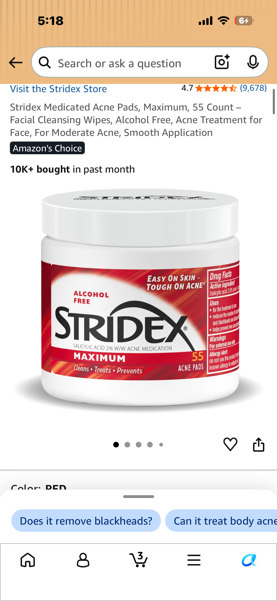 3-Pack of Stridex Medicated Acne Pads, Maximum, 55 Count – Facial Cleansing Wipes, Alcohol Free, Acne Treatment for Face, For Moderate Acne, Smooth Application