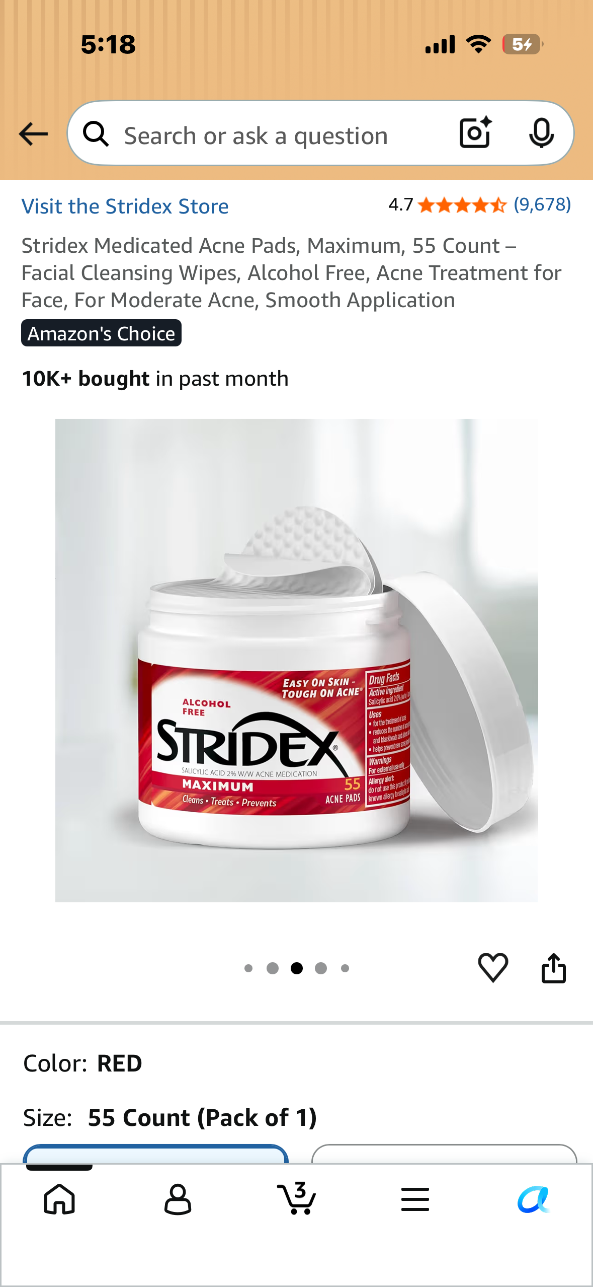 3-Pack of Stridex Medicated Acne Pads, Maximum, 55 Count – Facial Cleansing Wipes, Alcohol Free, Acne Treatment for Face, For Moderate Acne, Smooth Application