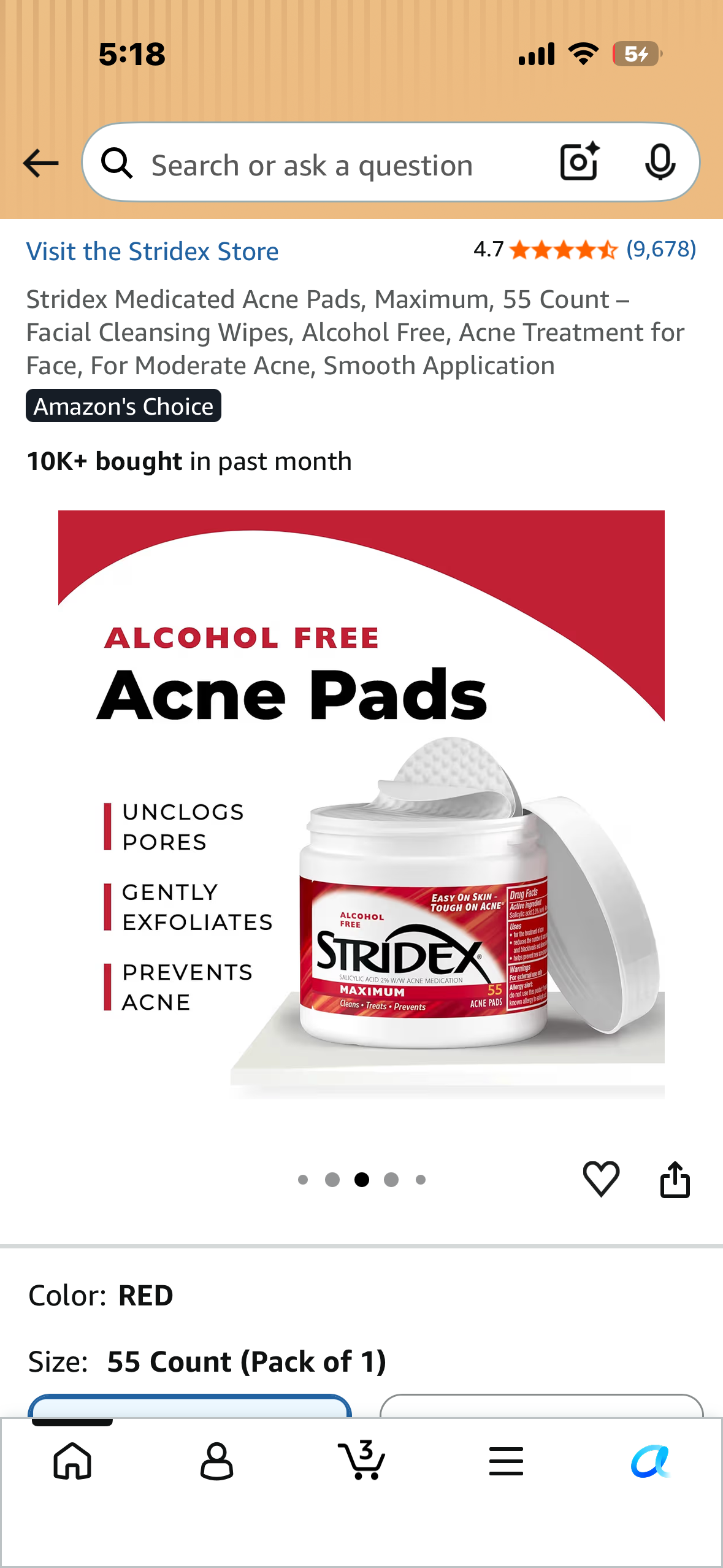 3-Pack of Stridex Medicated Acne Pads, Maximum, 55 Count – Facial Cleansing Wipes, Alcohol Free, Acne Treatment for Face, For Moderate Acne, Smooth Application