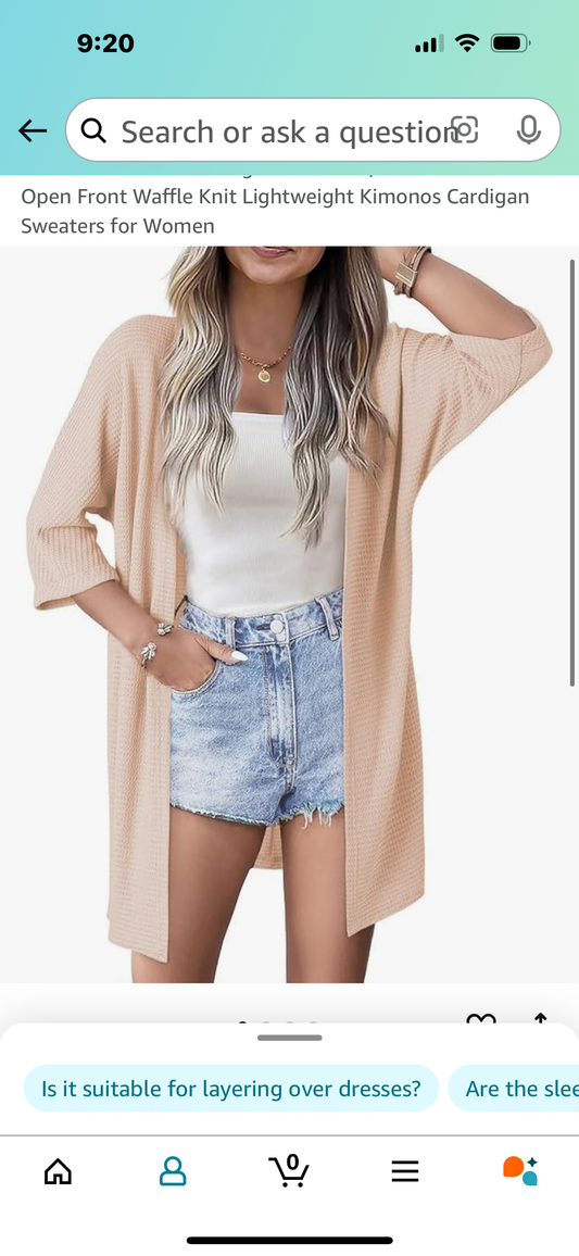 Women's Cardigans Casual 3/4 Short Sleeve Open Front Waffle Knit Lightweight Kimonos Cardigan Sweaters for Women