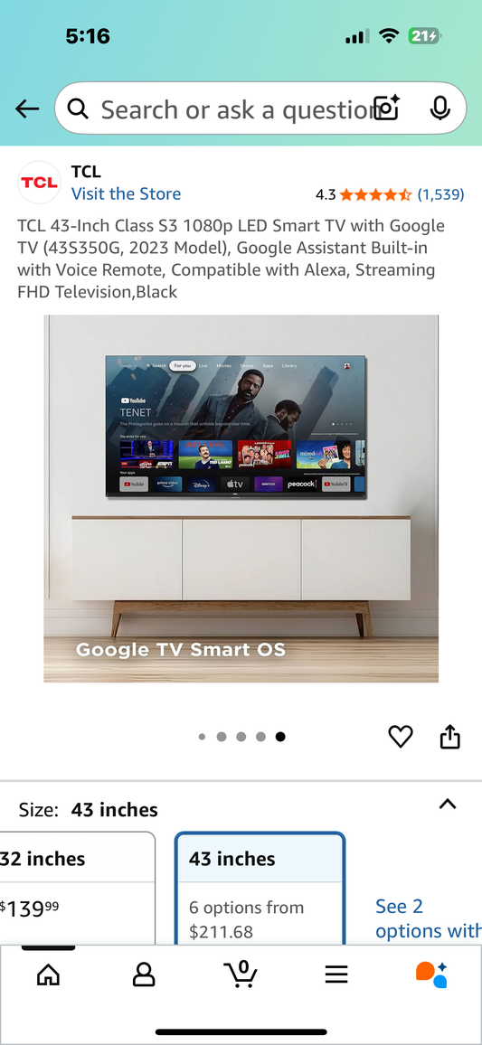 TCL 43-Inch Class S3 1080p LED Smart TV with Google TV (43S350G, 2023 Model), Google Assistant Built-in with Voice Remote, Compatible with Alexa, Streaming FHD Television,Black (R681)