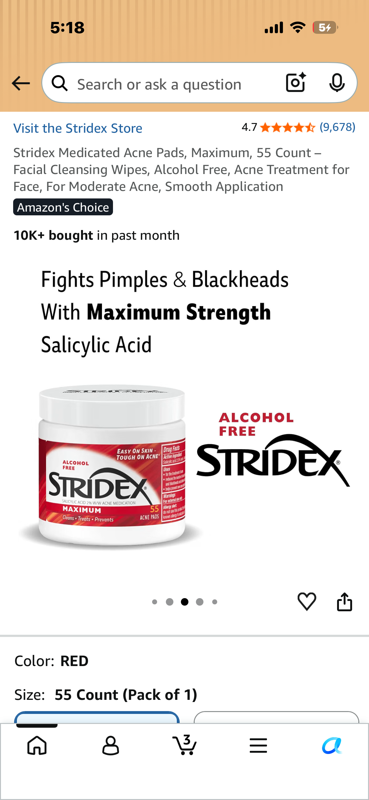 3-Pack of Stridex Medicated Acne Pads, Maximum, 55 Count – Facial Cleansing Wipes, Alcohol Free, Acne Treatment for Face, For Moderate Acne, Smooth Application