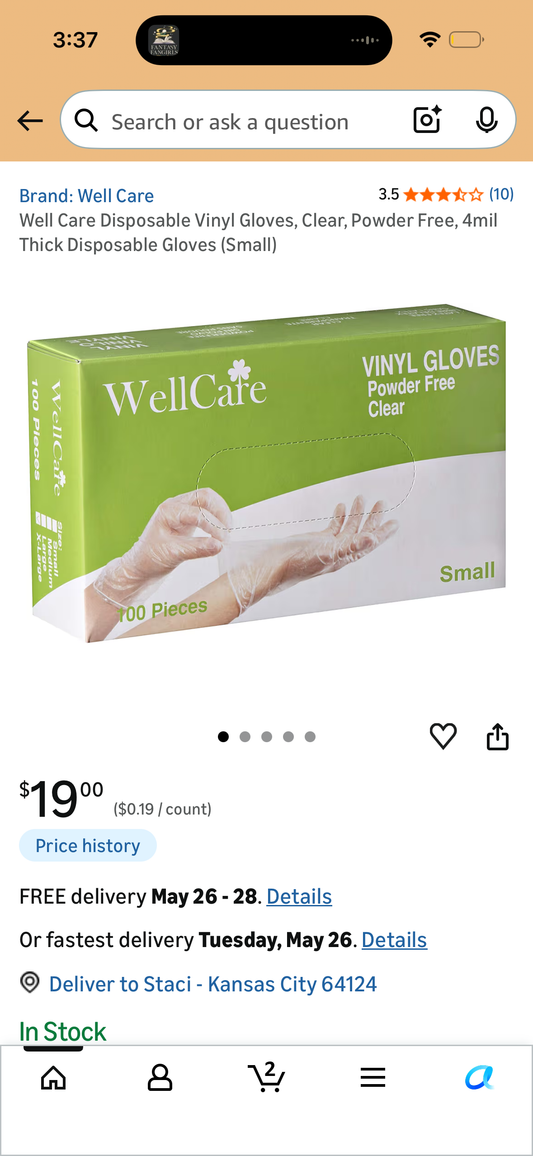 Well Care Disposable Vinyl Gloves, Clear, Powder Free, 4mil Thick Disposable Gloves (Small)