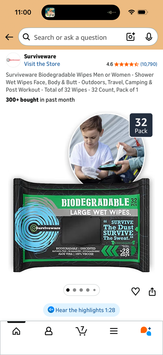 Surviveware Biodegradable Wipes Men or Women - Shower Wet Wipes Face, Body & Butt - Outdoors, Travel, Camping & Post Workout - Total of 32 Wipes - 32 Count, Pack of 1