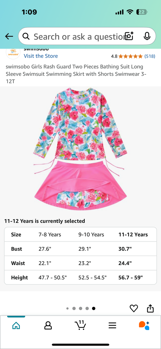 Girls Rash Guard Two Pieces Bathing Suit, Long Sleeve Swimsuit Swimming Skirt with Shorts (Size 11-12, Youth)