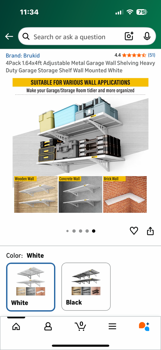 4Pack 1.64x4ft Adjustable Metal Garage Wall Shelving Heavy Duty Garage Storage Shelf Wall Mounted White (G956)