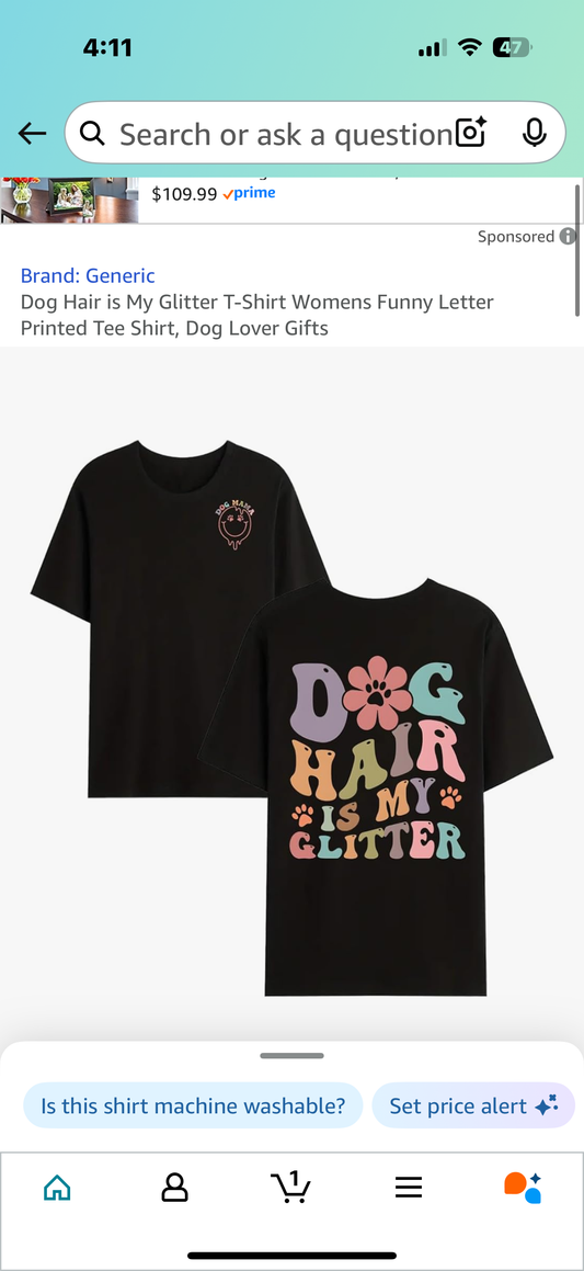 Dog Hair is My Glitter T-Shirt Womens Funny Letter Printed Tee Shirt, Dog Lover Gifts (Size Small, Medium, Large, XXL)