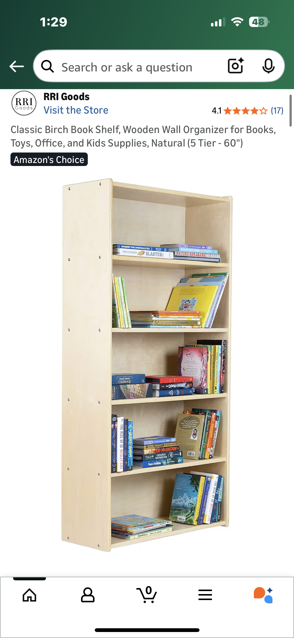 Classic Birch Book Shelf, Wooden Wall Organizer for Books, Toys, Office, and Kids Supplies, Natural (5 Tier - 60") (L1127)