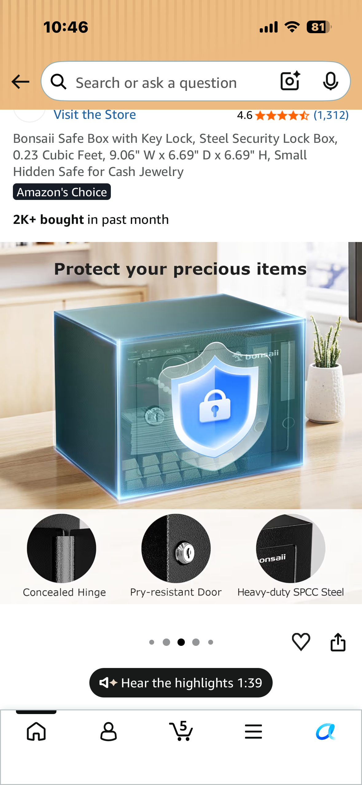 Safe Box with Key Lock, Steel Security Lock Box, 0.23 Cubic Feet, 9.06" W x 6.69" D x 6.69" H, Small Hidden Safe for Cash Jewelry