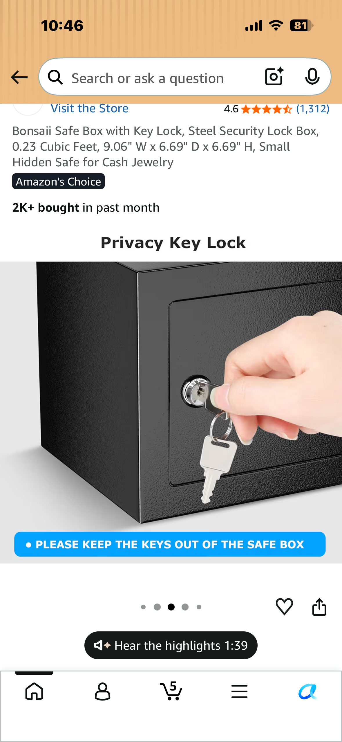 Safe Box with Key Lock, Steel Security Lock Box, 0.23 Cubic Feet, 9.06" W x 6.69" D x 6.69" H, Small Hidden Safe for Cash Jewelry