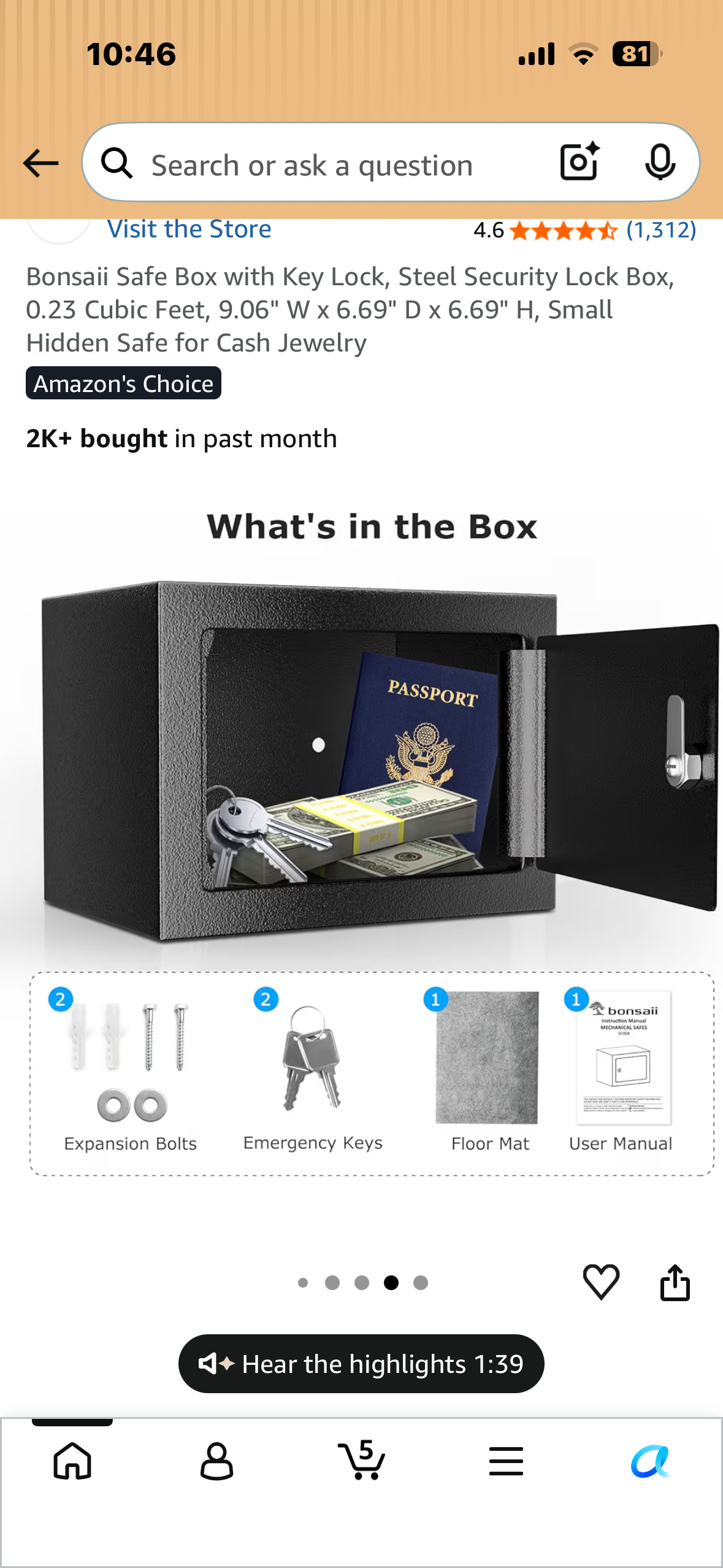 Safe Box with Key Lock, Steel Security Lock Box, 0.23 Cubic Feet, 9.06" W x 6.69" D x 6.69" H, Small Hidden Safe for Cash Jewelry