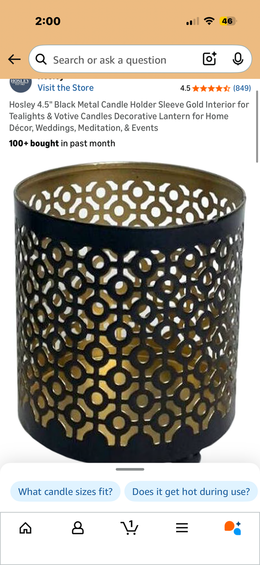 Black Metal Candle Holder Sleeve Gold Interior for Tealights & Votive Candles