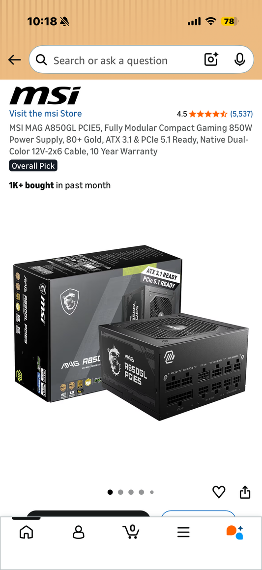 MSI MAG A850GL PCIE5, Fully Modular Compact Gaming 850W Power Supply, 80+ Gold, ATX 3.1 & PCIe 5.1 Ready, Native Dual-Color 12V-2x6 Cable, 10 Year Warranty