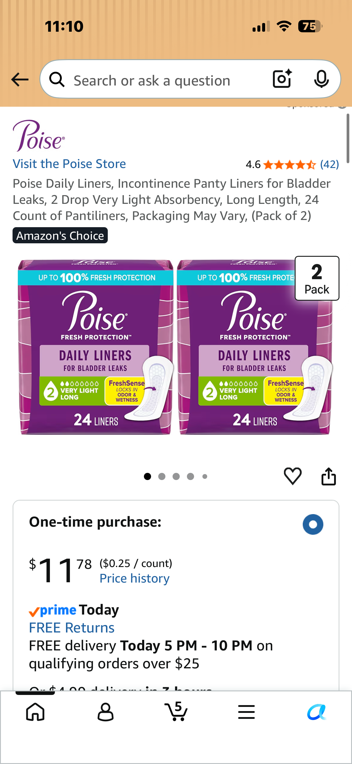 Poise Daily Liners, Incontinence Panty Liners for Bladder Leaks, 2 Drop Very Light Absorbency, Long Length, 24 Count of Pantiliners, Packaging May Vary, (Pack of 2)