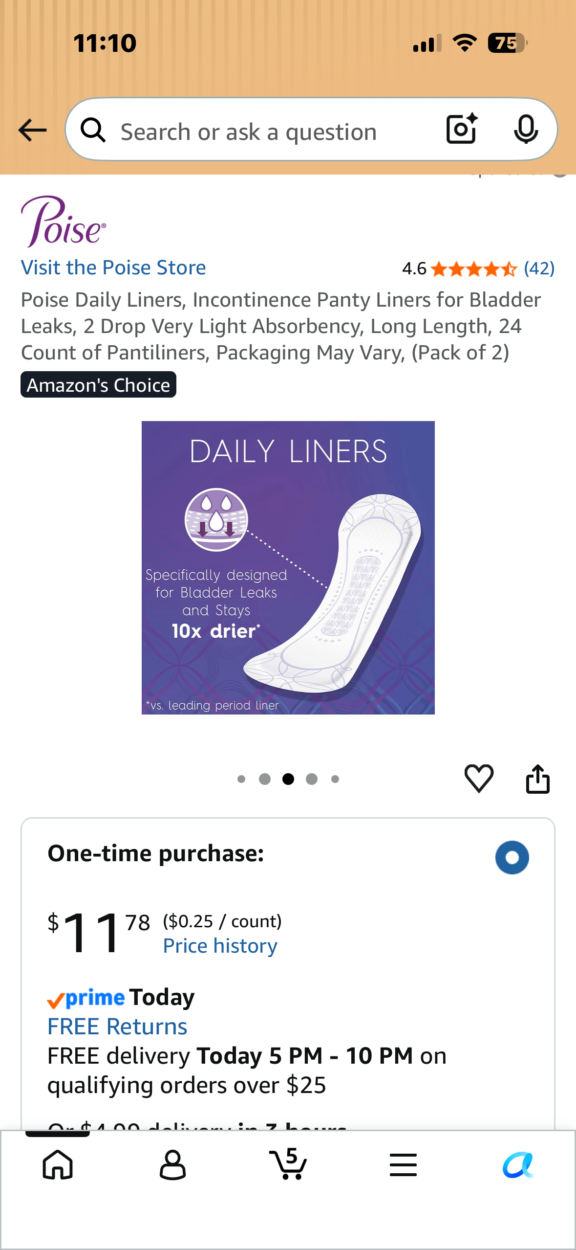 Poise Daily Liners, Incontinence Panty Liners for Bladder Leaks, 2 Drop Very Light Absorbency, Long Length, 24 Count of Pantiliners, Packaging May Vary, (Pack of 2)