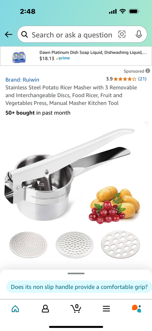 Stainless Steel Potato Ricer Masher with 3 Removable and Interchangeable Discs, Food Ricer, Fruit and Vegetables Press, Manual Masher Kitchen Tool