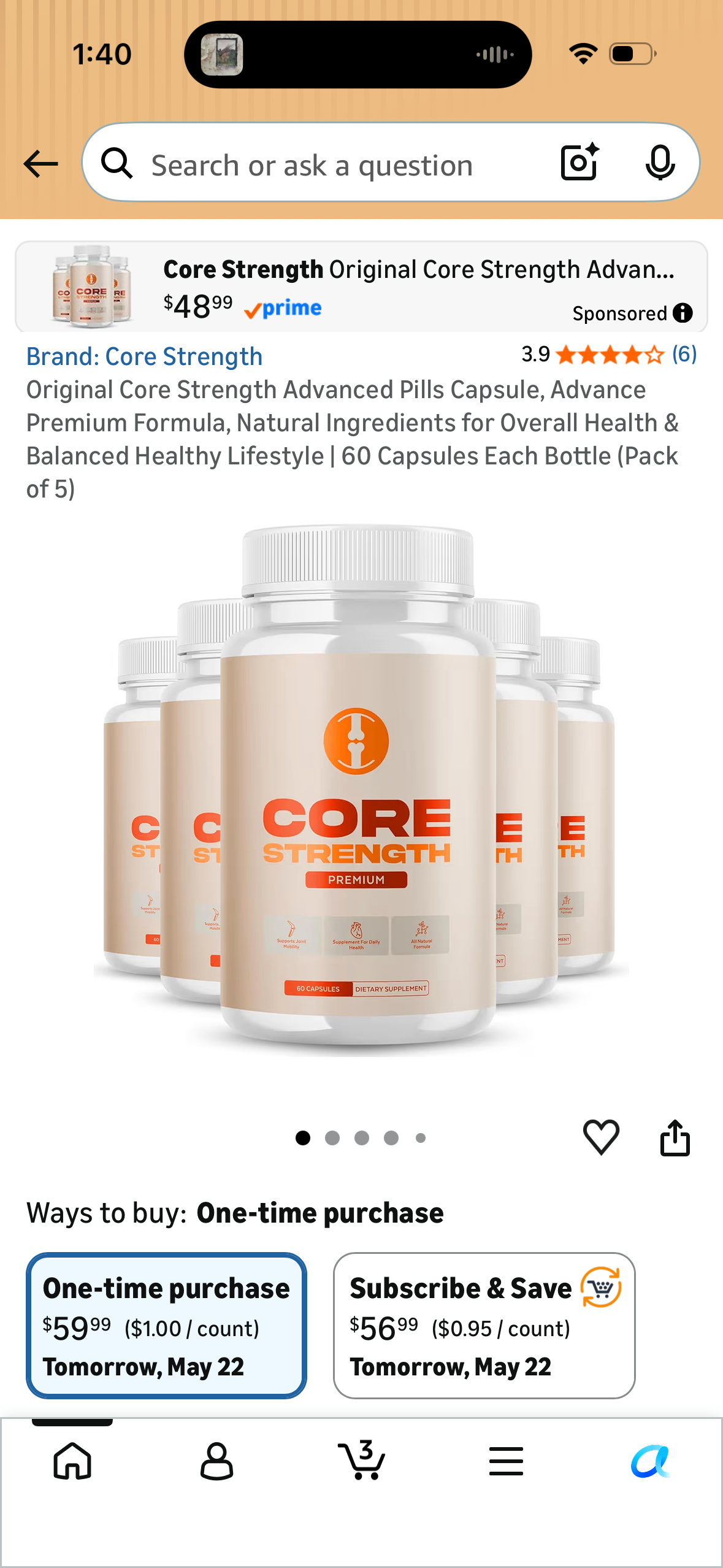 Original Core Strength Advanced Pills Capsule, Advance Premium Formula, Natural Ingredients for Overall Health & Balanced Healthy Lifestyle | 60 Capsules Each Bottle (Pack of 5) - Expires August 2027