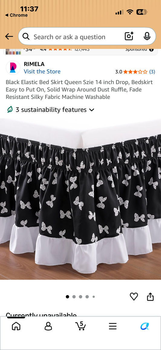 Black with Bow Tie Elastic Bed Skirt, Queen Size, 14 inch Drop Bedskirt, Easy to Put On, Wrap Around Dust Ruffle, Fade Resistant Silky Fabric Machine Washable