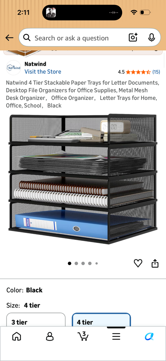 Natwind 4 Tier Stackable Paper Trays for Letter Documents, Desktop File Organizers for Office Supplies, Metal Mesh Desk Organizer，Office Organizer，Letter Trays for Home, Office, School，Black