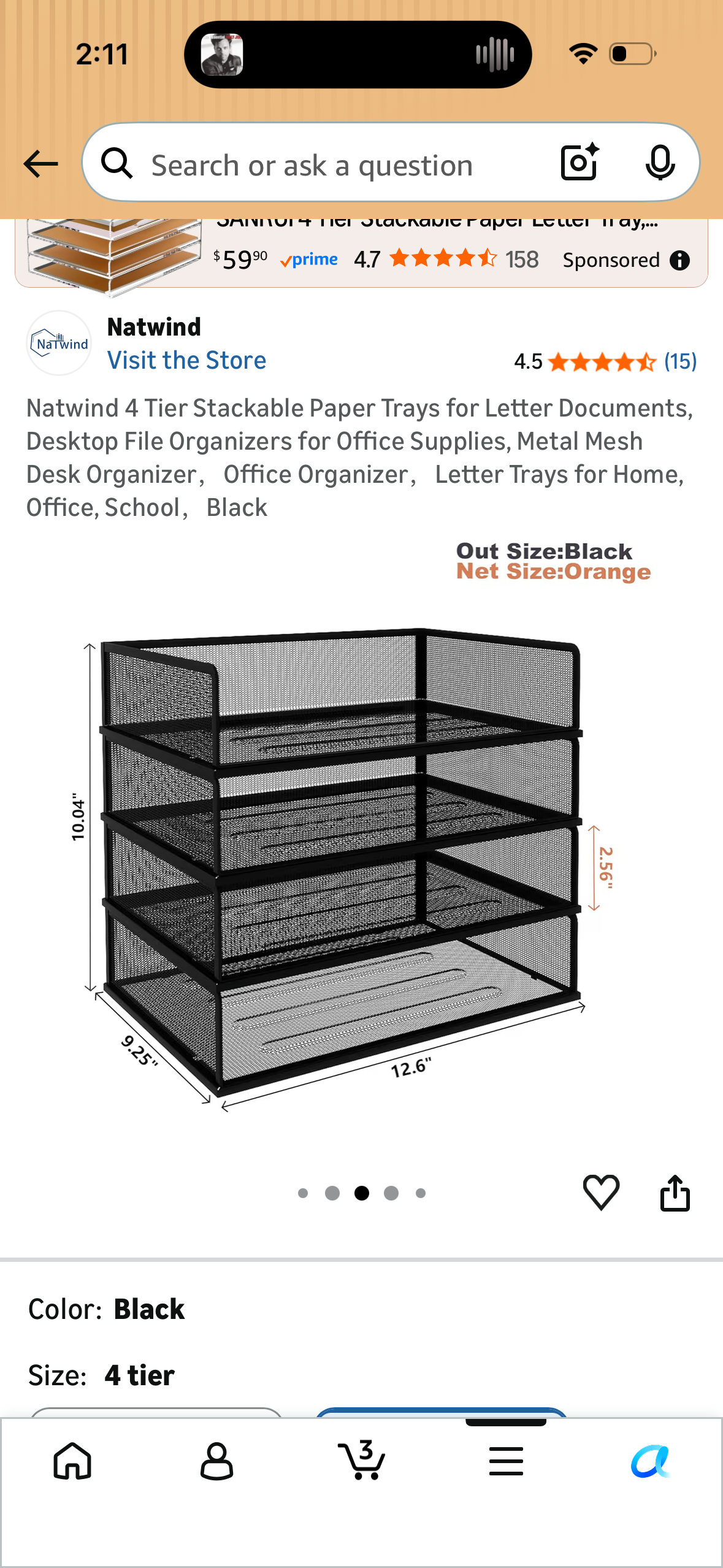 Natwind 4 Tier Stackable Paper Trays for Letter Documents, Desktop File Organizers for Office Supplies, Metal Mesh Desk Organizer，Office Organizer，Letter Trays for Home, Office, School，Black