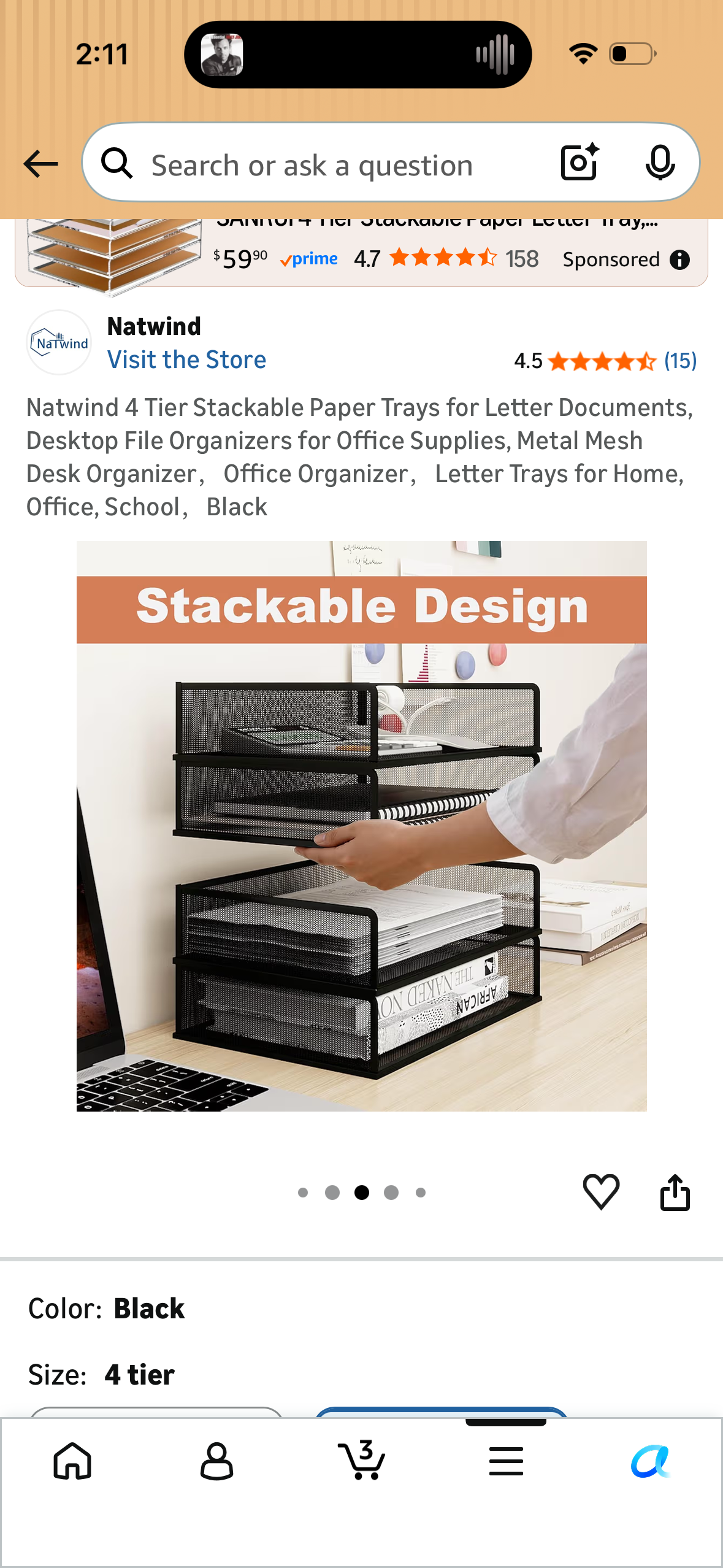 Natwind 4 Tier Stackable Paper Trays for Letter Documents, Desktop File Organizers for Office Supplies, Metal Mesh Desk Organizer，Office Organizer，Letter Trays for Home, Office, School，Black